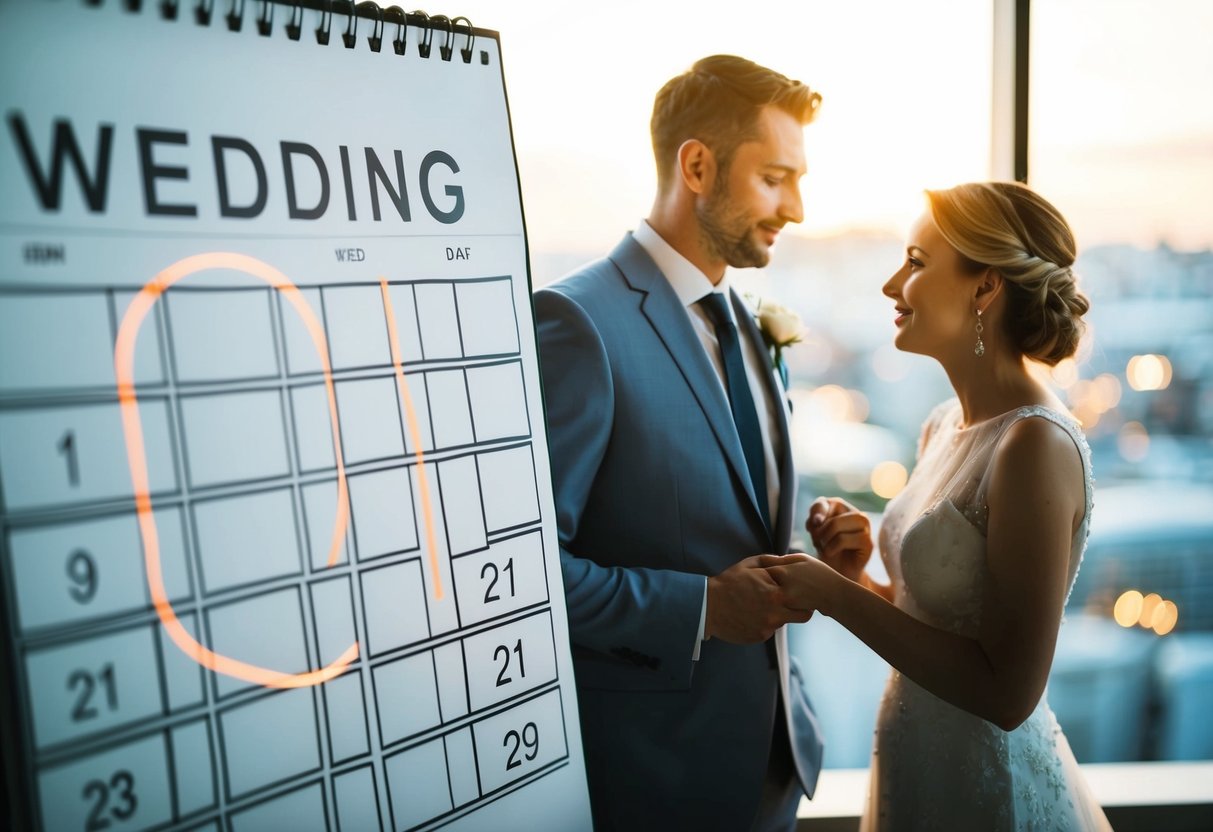 A calendar with holiday dates circled and a couple discussing wedding dates