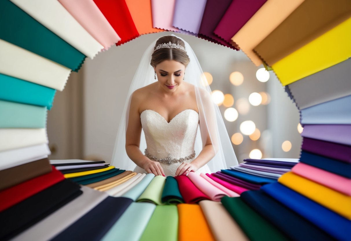 A bride surrounded by swatches of fabric in various colors, carefully comparing and considering each one