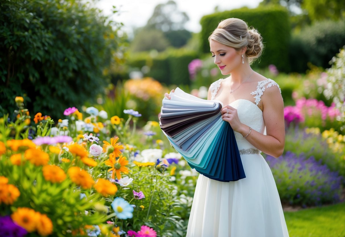A bride stands in a garden, surrounded by colorful flowers and greenery. She holds swatches of fabric in various shades, contemplating which color best reflects her personal style and the venue for her wedding