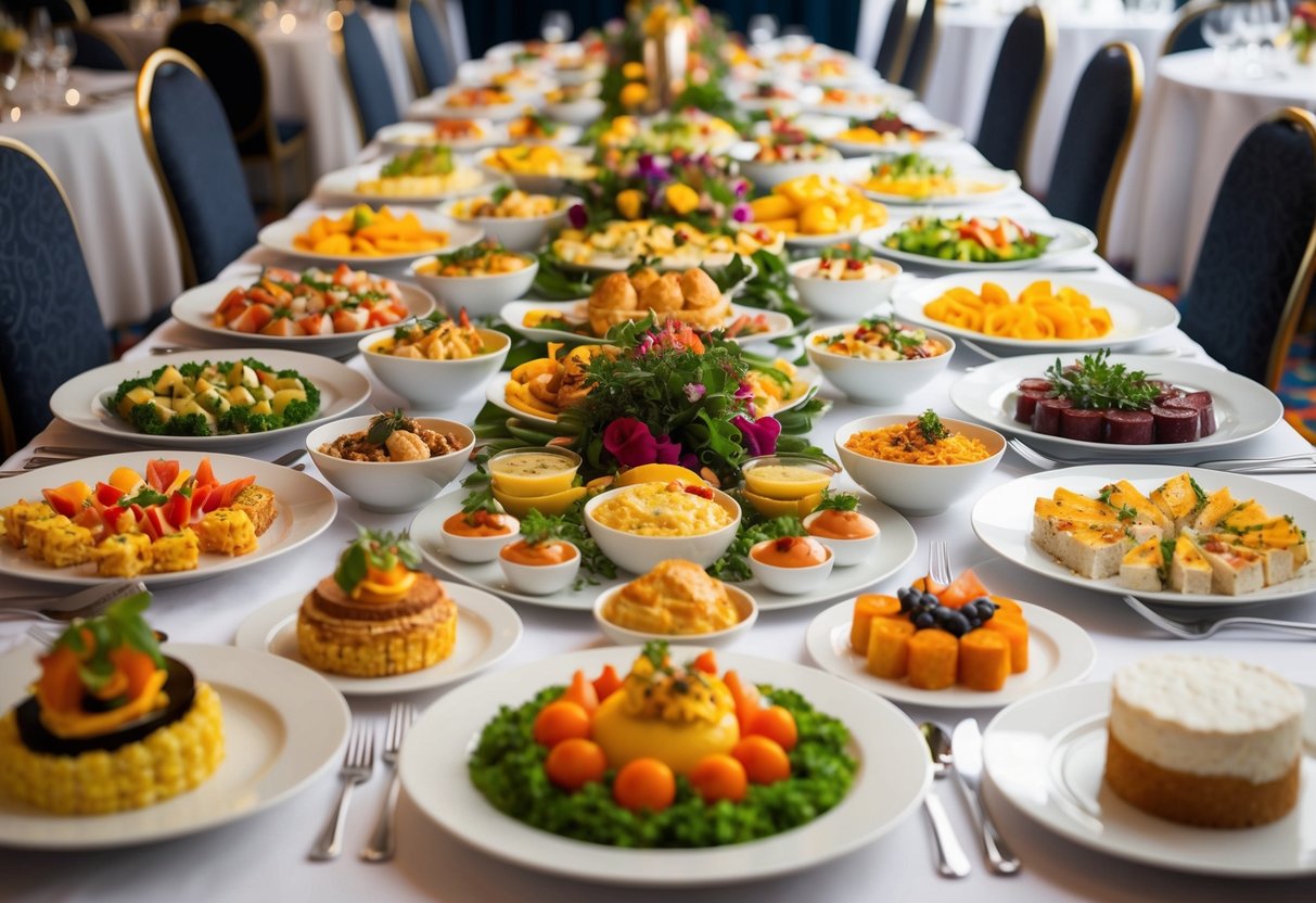 A lavish spread of colorful and elegant dishes arranged on a long banquet table, with a variety of appetizers, entrees, and desserts