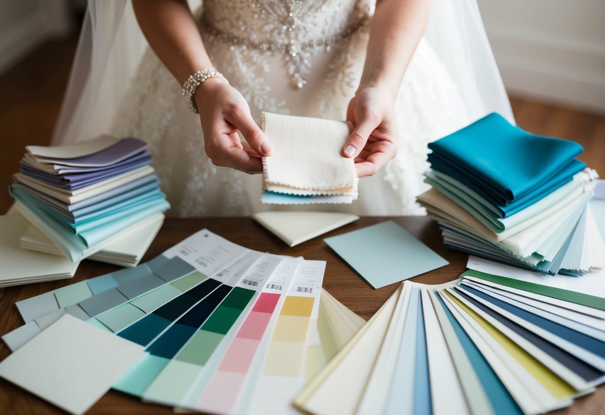 A bride-to-be holding swatches, surrounded by fabric samples and paint chips, pondering color choices for her wedding