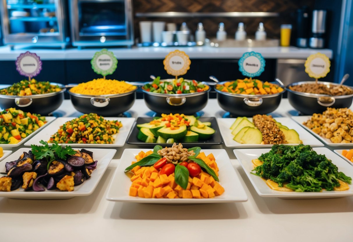 A colorful buffet spread with a variety of dishes, including vegetarian, vegan, gluten-free, and nut-free options. Decorative signage indicates dietary preferences