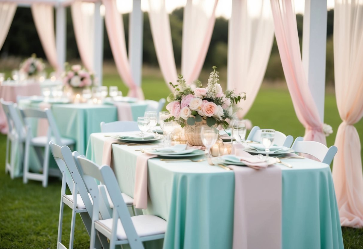 A wedding color theme: a serene outdoor setting with pastel flowers, draped fabric, and delicate table settings