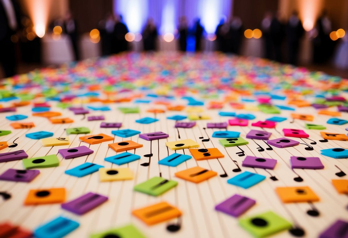 A colorful array of musical notes and instruments scattered across a festive reception hall