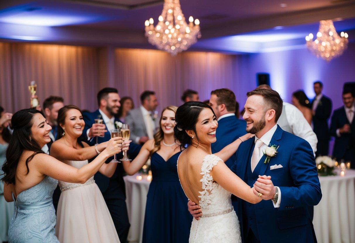 A joyful wedding reception with dancing, toasting, and multiple songs playing in the background