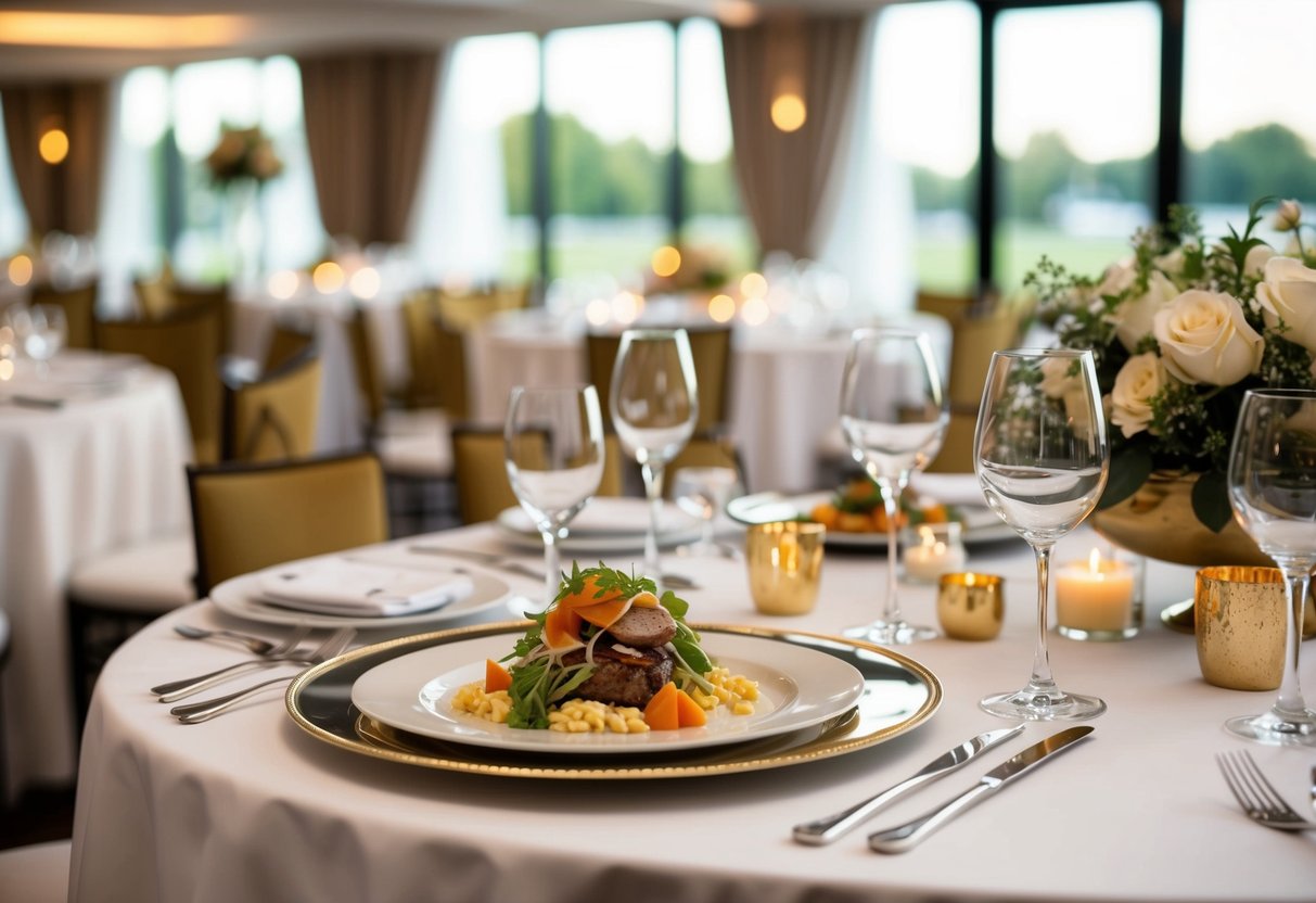 A table set with elegant place settings and a sumptuous meal, with a wedding venue in the background