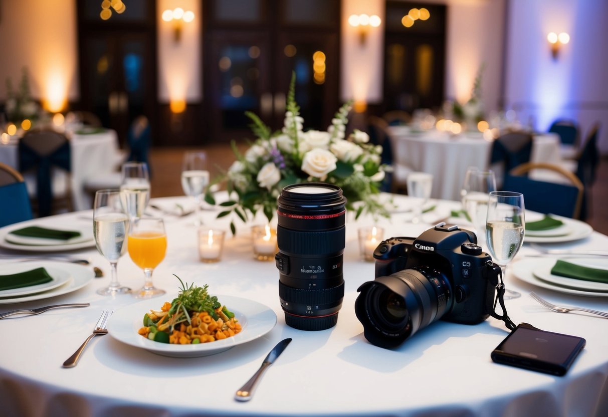 A wedding reception with a beautifully set dining table, a photographer's camera and equipment placed nearby, and a plate of food and drink left out for the photographer