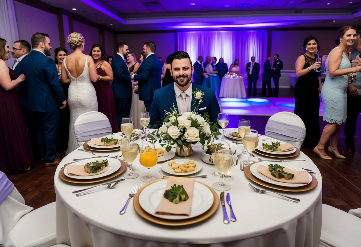 A wedding reception with a table set for a photographer, complete with a meal and drink, surrounded by guests and a dance floor in the background