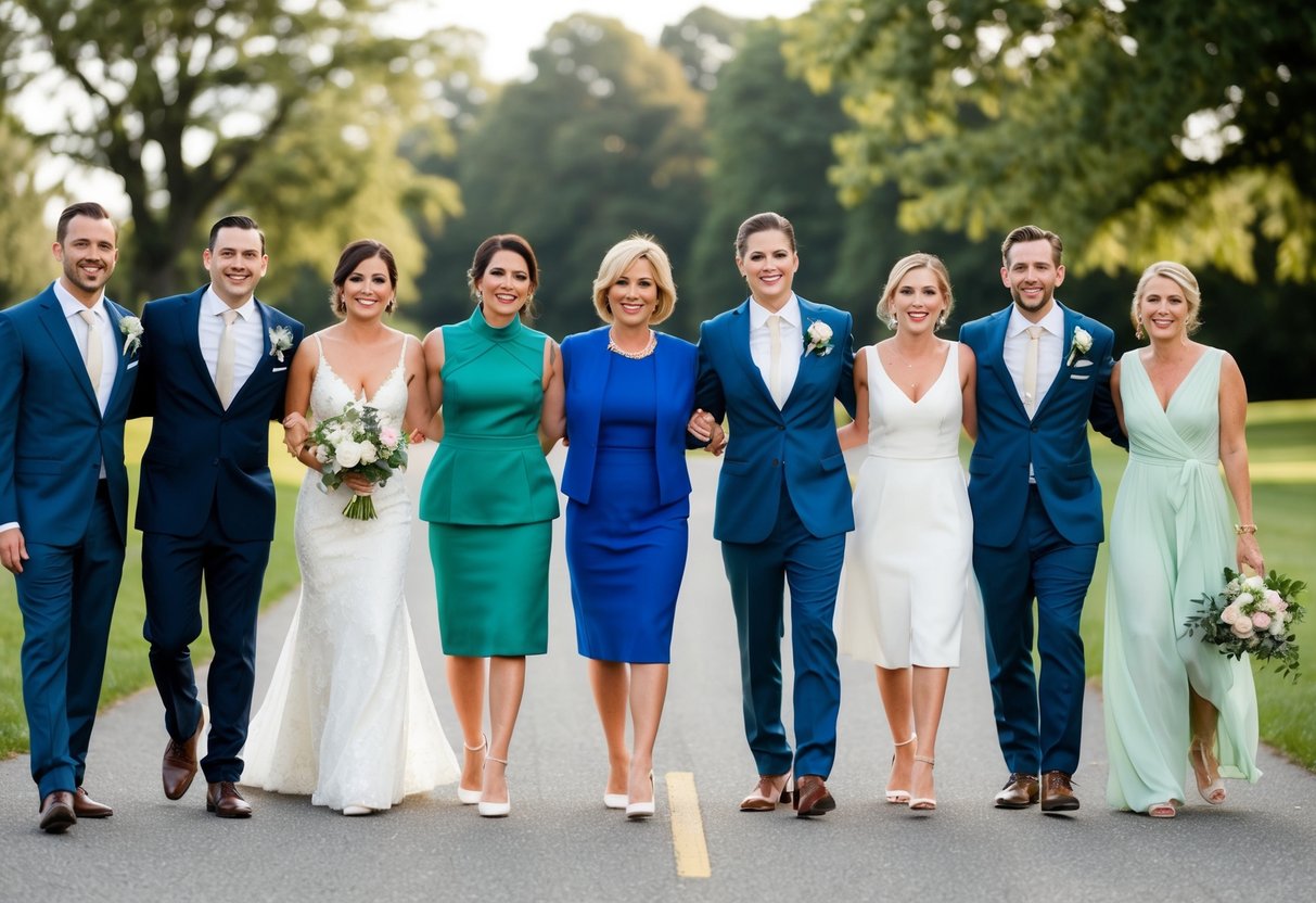 A group of wedding guests in various outfits, with one guest wearing the same color as the mother of the bride