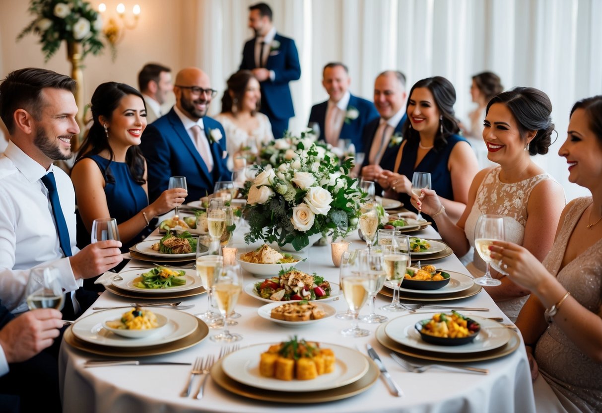 A table set with elegant place settings and a variety of delicious dishes, surrounded by happy wedding guests mingling and enjoying their meals