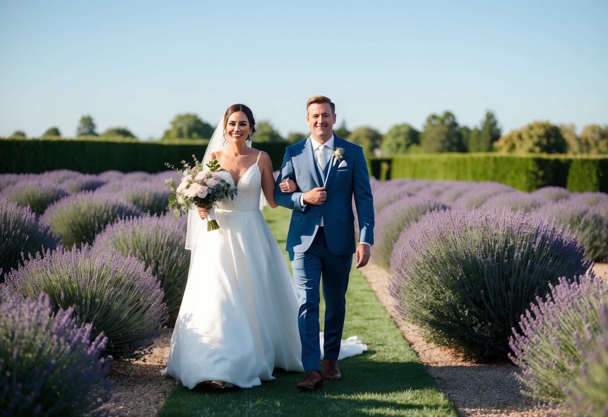 A bride and groom walk down an aisle lined with lavender bushes, symbolizing love, devotion, and purity in their wedding ceremony
