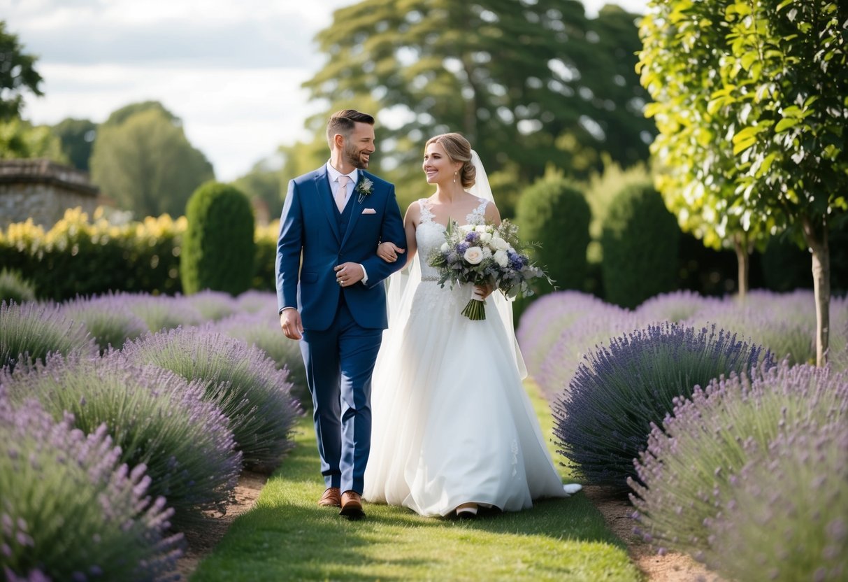 A bride and groom walk through a garden filled with lavender, symbolizing love, devotion, and purity in their wedding traditions