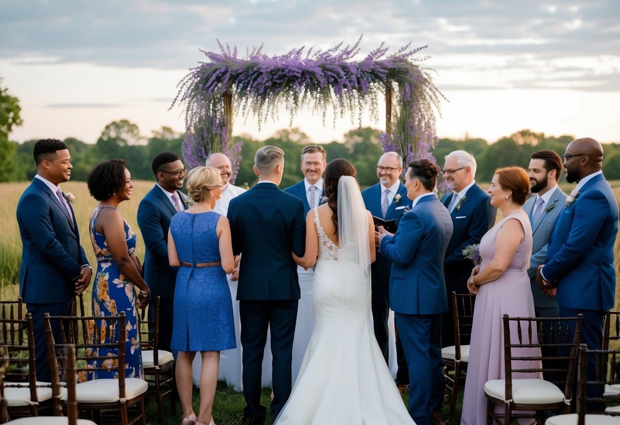 A diverse group of people gather around a wedding altar adorned with lavender, symbolizing inclusivity and celebration