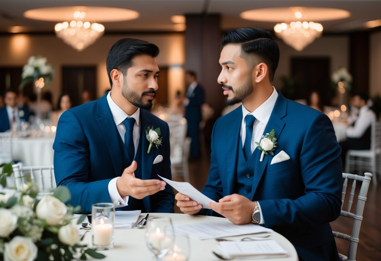 A well-dressed couple discussing financial matters at a wedding reception venue