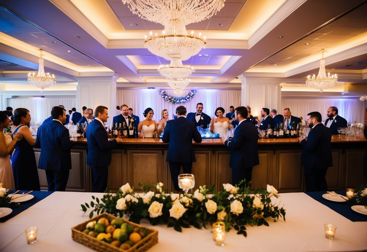 A festive wedding reception with a well-stocked bar, attended by guests and overseen by staff