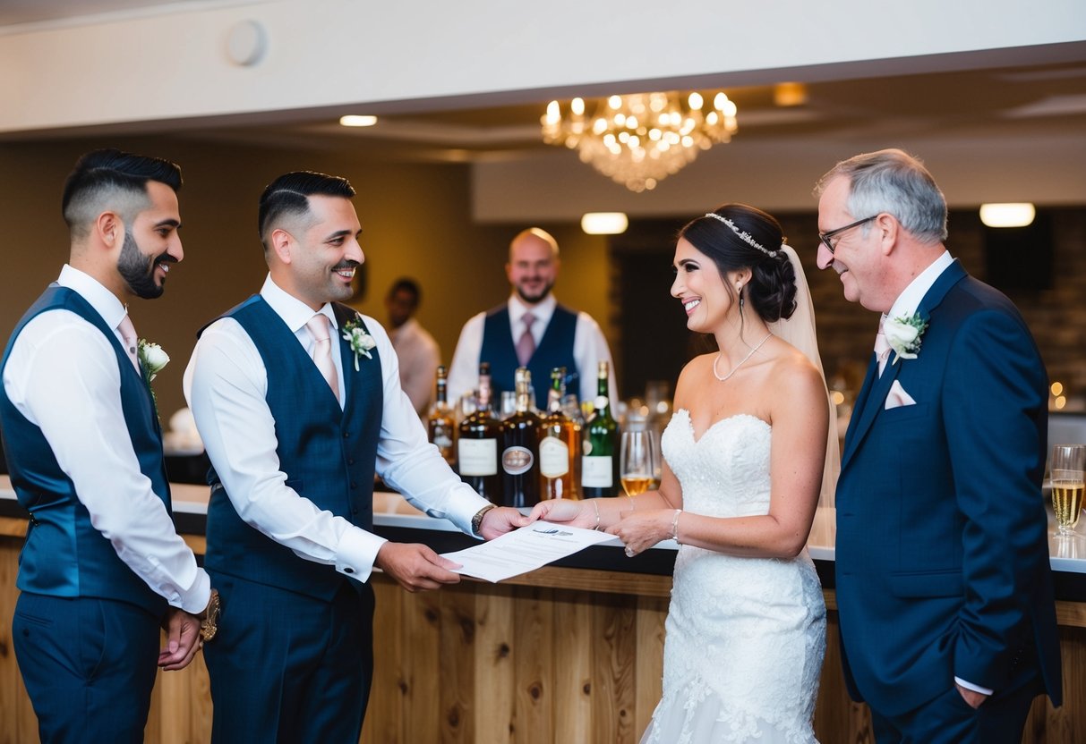 A wedding reception venue with a well-stocked bar and a bill being presented to the groom's parents
