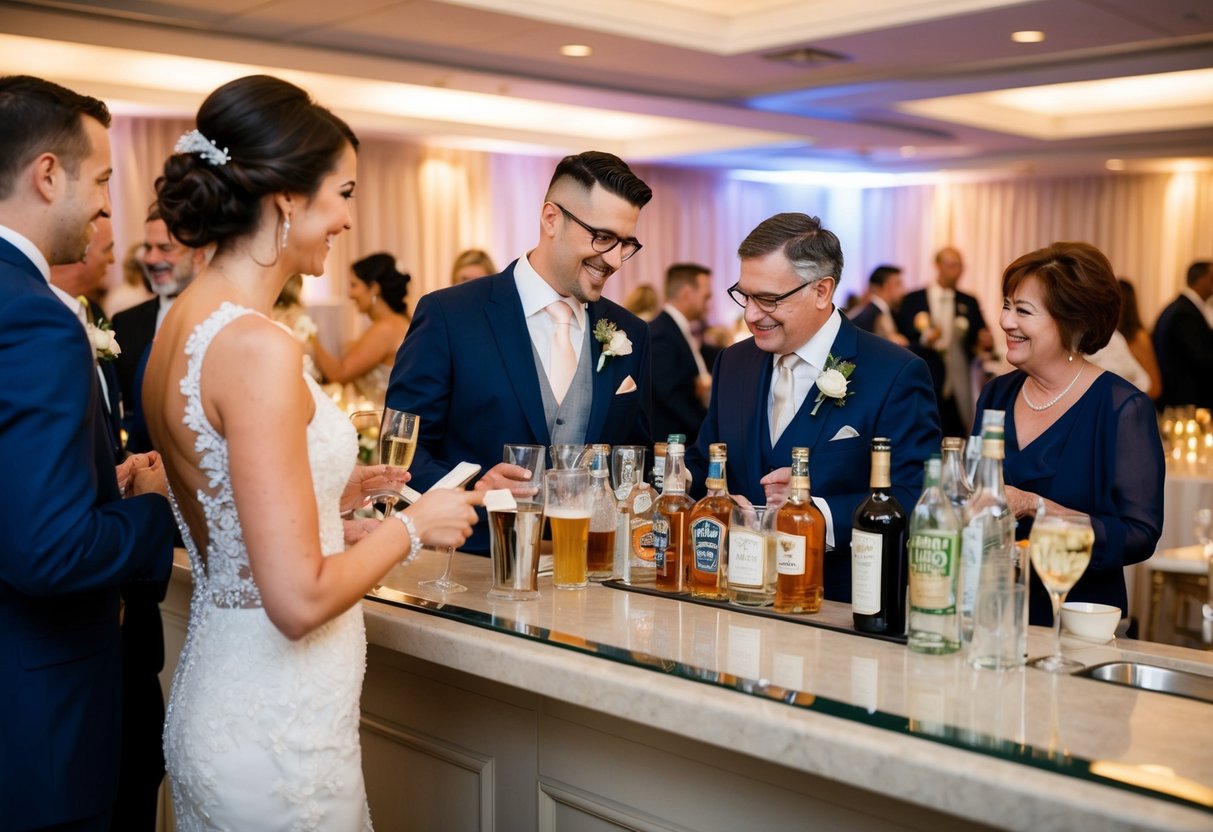 Guests mingle at a lavish wedding reception. The bar is well-stocked with drinks, and the groom's parents are seen paying for the alcohol
