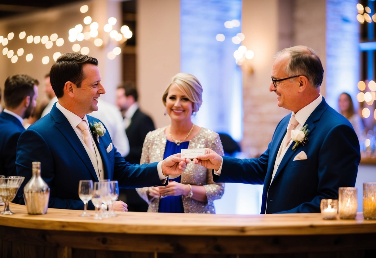 The groom's parents handing over a check or cash to the bar manager at the wedding reception