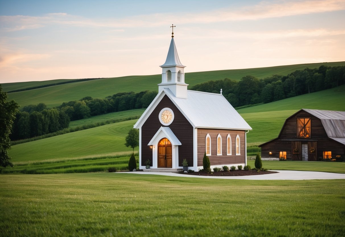 A quaint countryside chapel with rolling green hills and a rustic barn reception venue