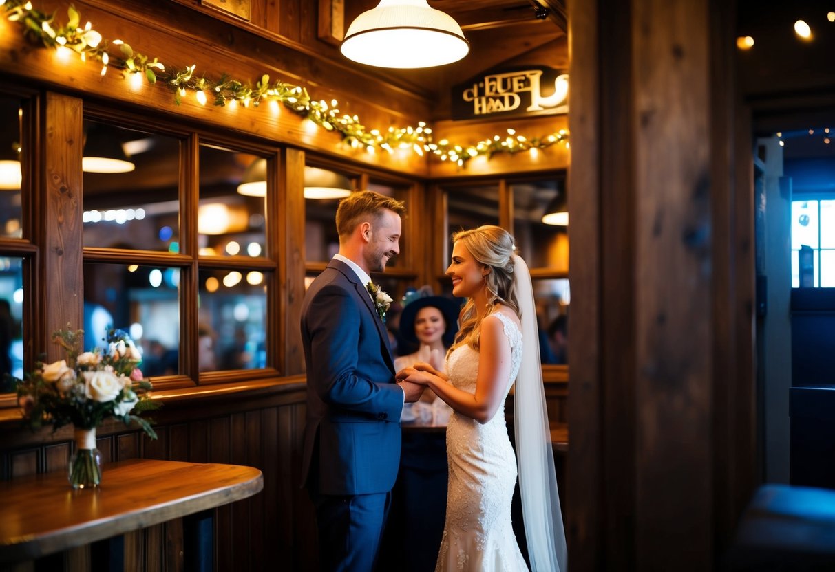 A cozy pub with a rustic wooden interior, adorned with fairy lights and flowers. A small, intimate ceremony takes place in the corner, with the couple exchanging vows under the warm glow of the pub's lights