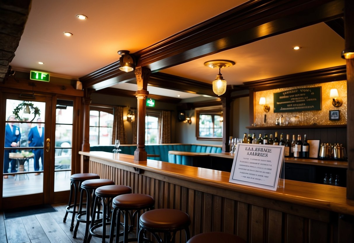 A cozy pub interior with rustic decor, a small stage for ceremonies, and a sign displaying legal marriage requirements