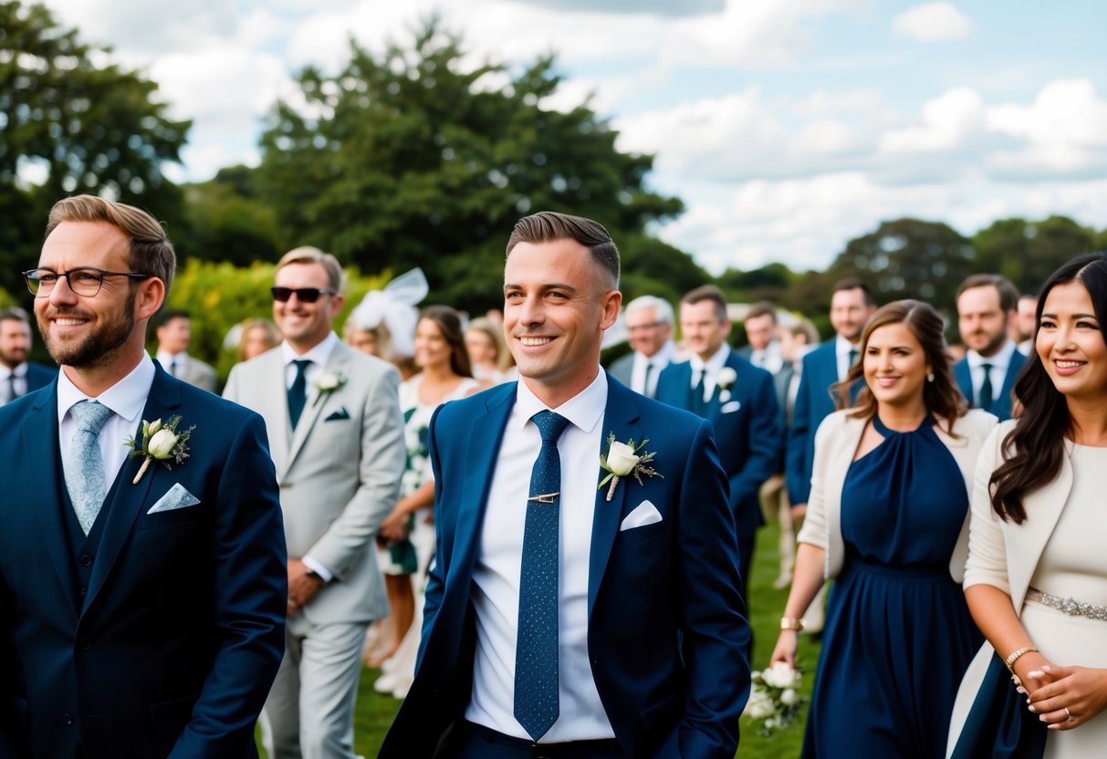 A wedding scene with guests in formal attire, some wearing ties and others opting for more casual looks