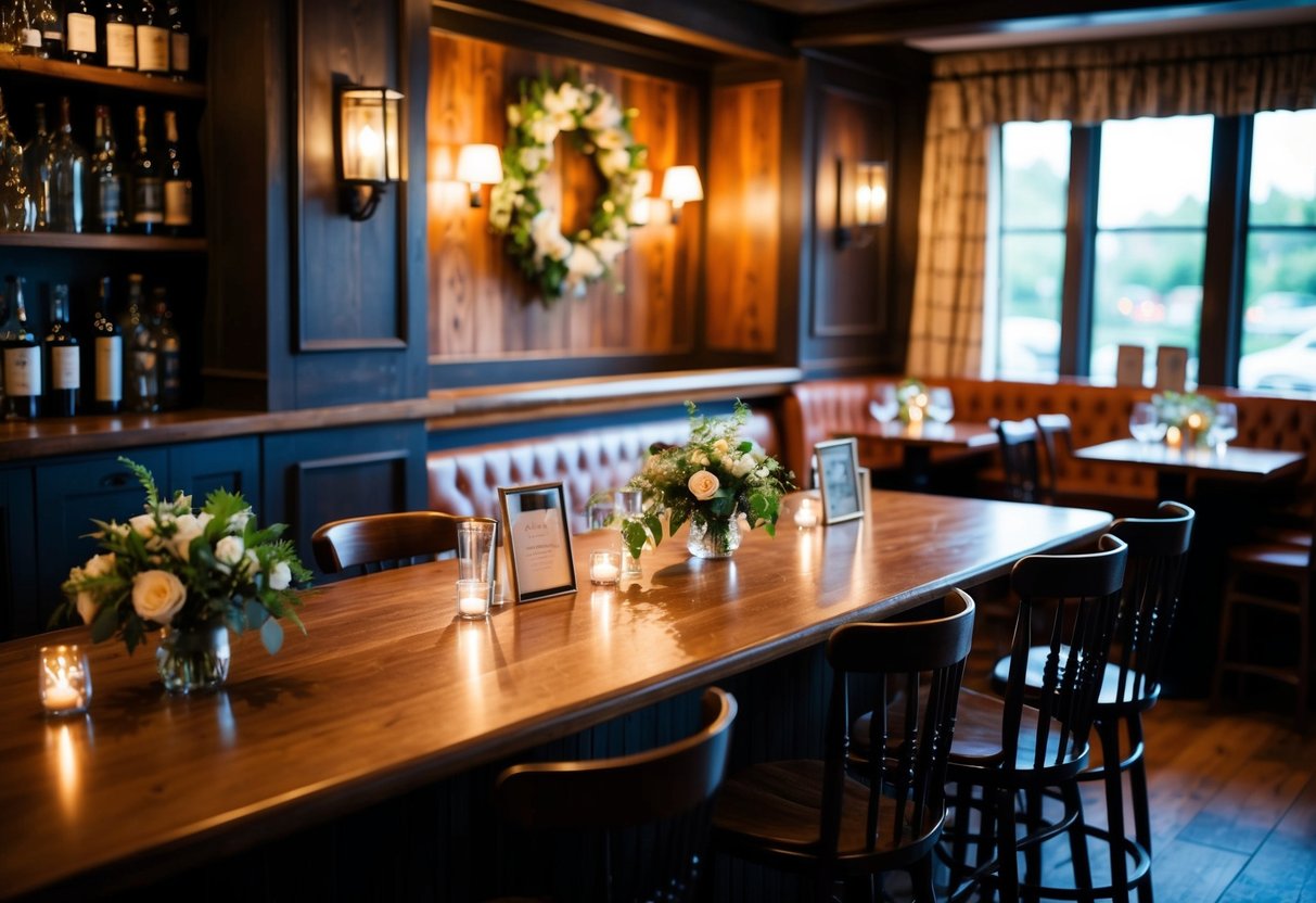A cozy pub interior with rustic decor, dim lighting, and a charming wedding setup in the corner