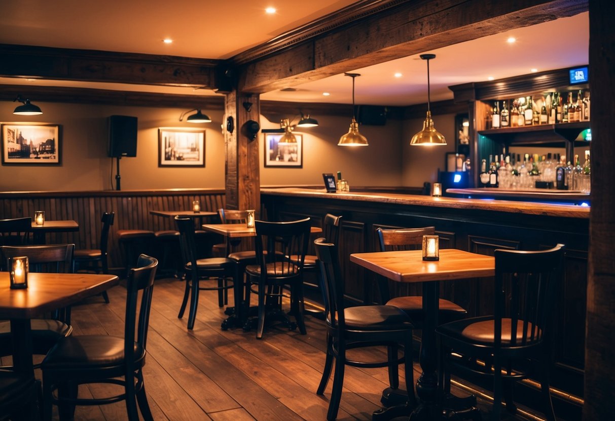 A cozy pub with a rustic wooden bar, dim lighting, and a small stage for live music. Tables are scattered throughout, with a warm and inviting atmosphere