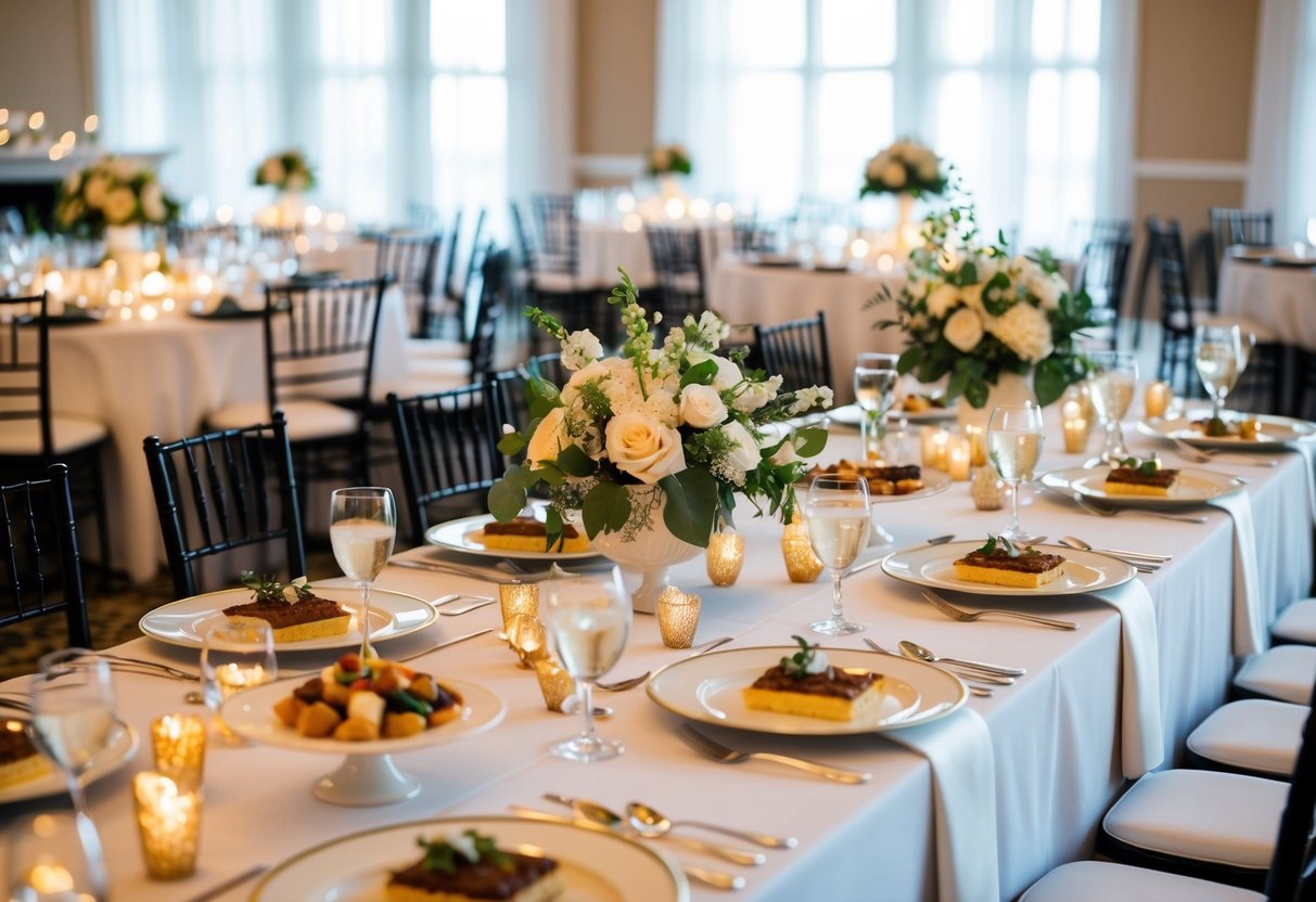 A beautifully set banquet table at a wedding reception, adorned with elegant place settings and an array of delicious dishes and desserts