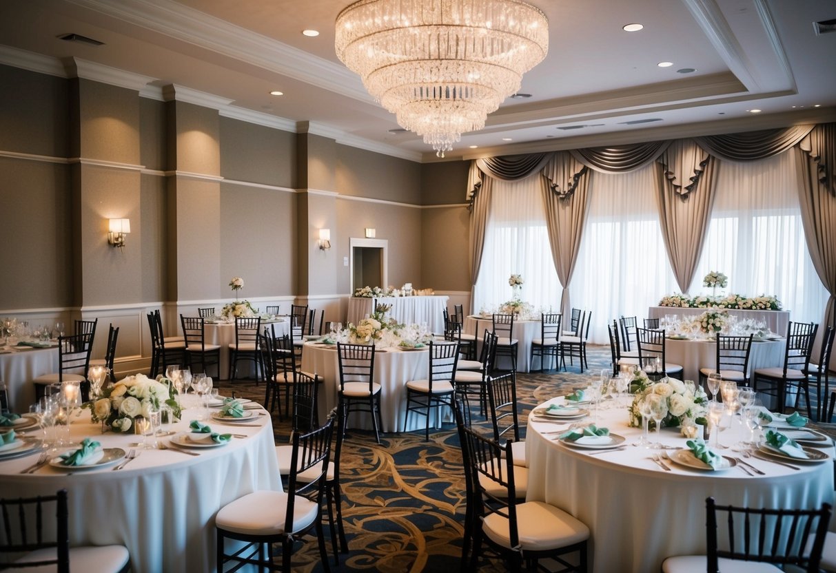 A beautifully decorated wedding reception hall with tables set with elegant place settings and a buffet or plated meal ready for guests to enjoy
