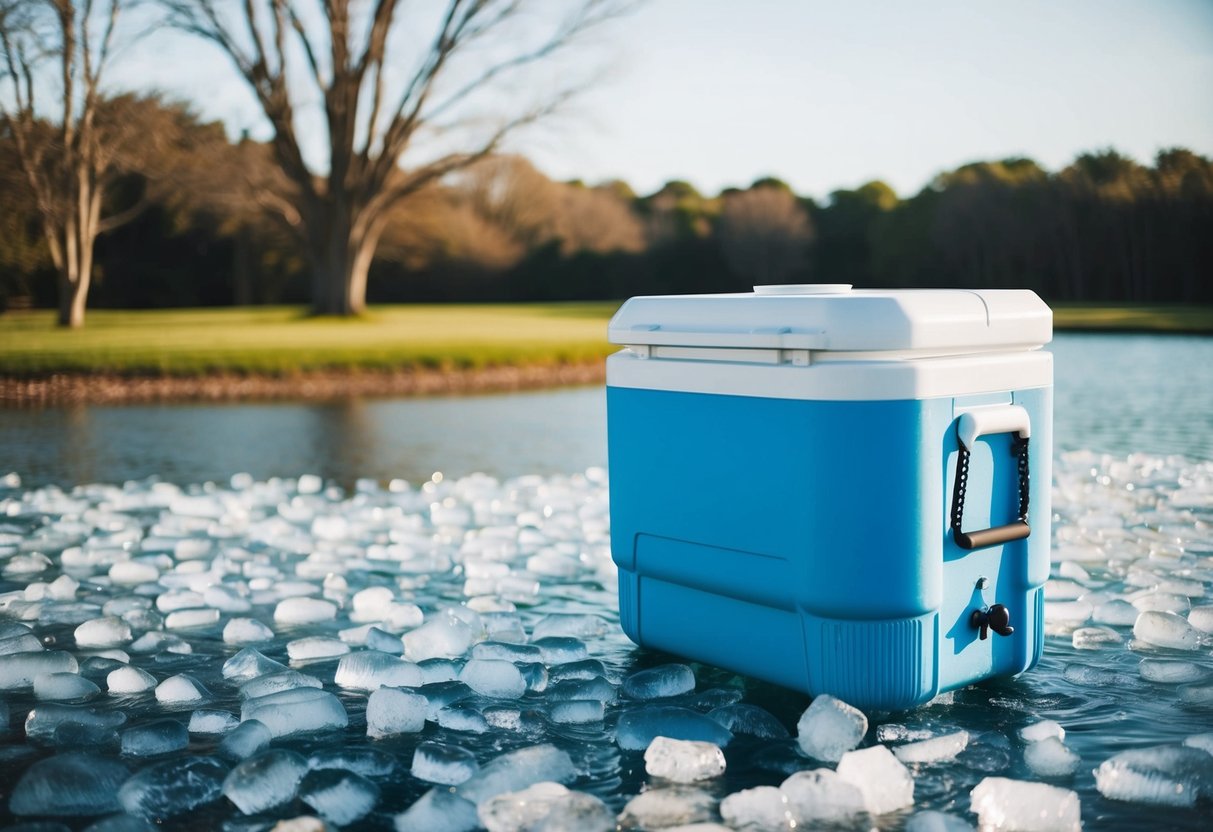 An outdoor wedding scene with a large ice-filled cooler, portable refrigeration unit, or decorative ice sculpture keeping food cold