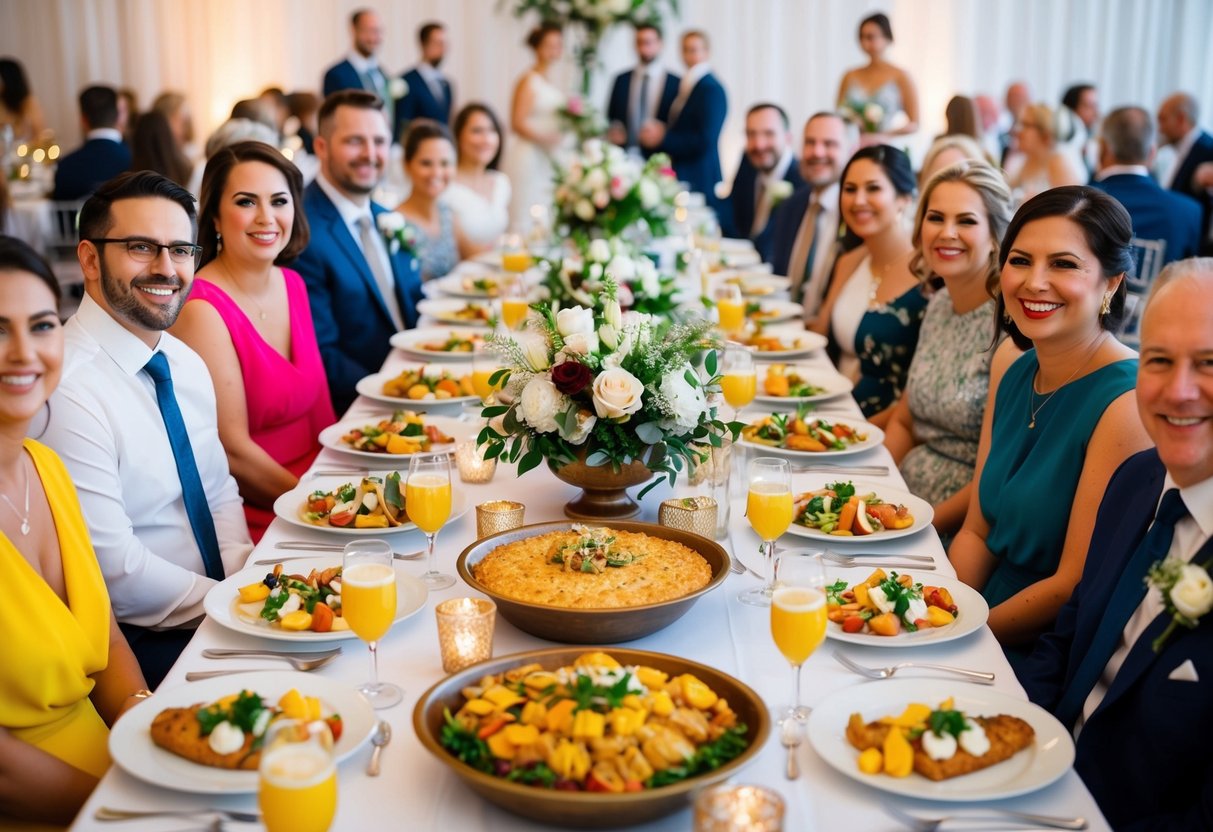 A beautifully set table with an array of delicious food and drinks, surrounded by happy guests at a wedding reception