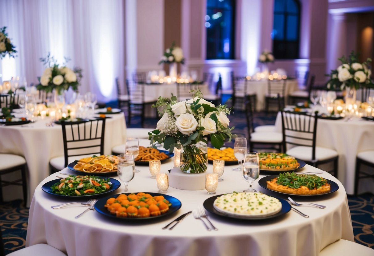 A beautifully decorated wedding reception with a variety of food and drink options displayed on elegant tables
