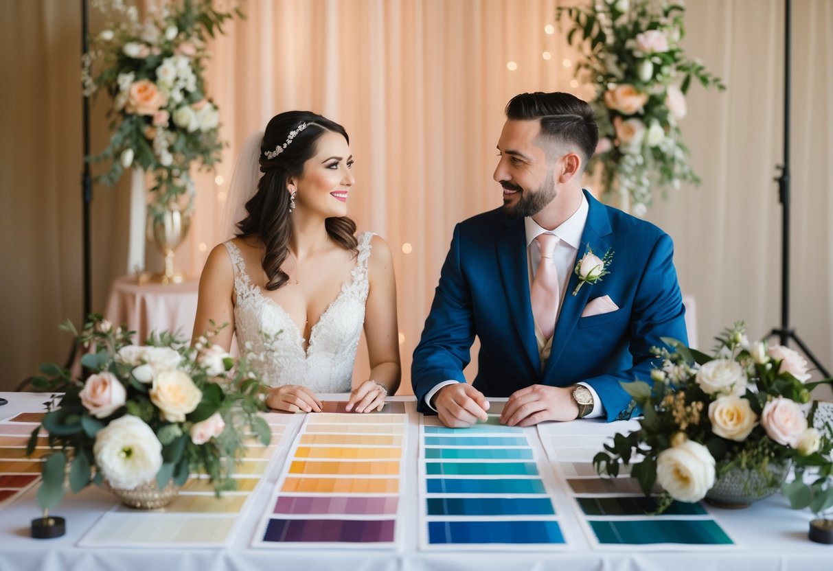 A couple sits at a table covered in swatches, surrounded by flowers and decor, discussing their wedding color scheme
