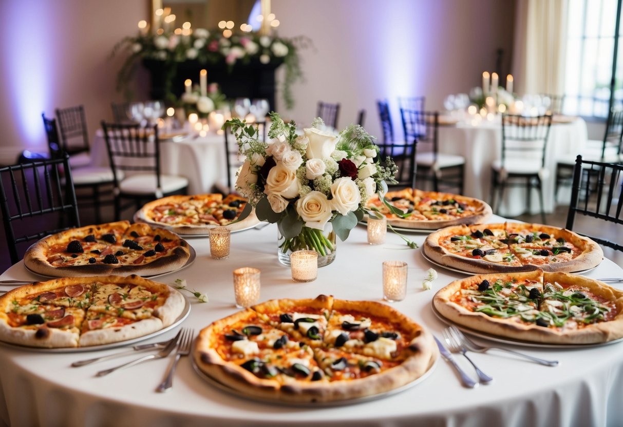 A wedding reception with a beautifully decorated table featuring a variety of gourmet pizzas, surrounded by elegant place settings and floral centerpieces