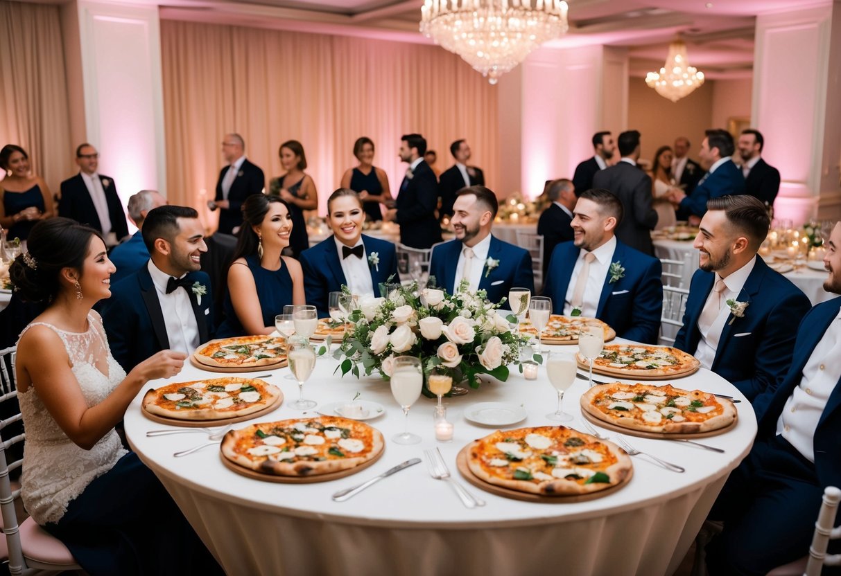 A beautifully decorated wedding reception with elegant tables adorned with gourmet pizza, surrounded by happy guests enjoying the delicious and unconventional meal