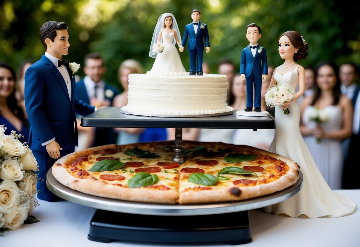 A wedding cake and a pizza on a scale, with a bride and groom figurines on one side and wedding guests on the other