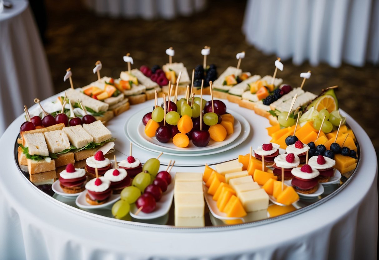 A table adorned with an assortment of elegant and bite-sized snacks, such as mini sandwiches, fruit skewers, and cheese platters, is set up at a wedding reception