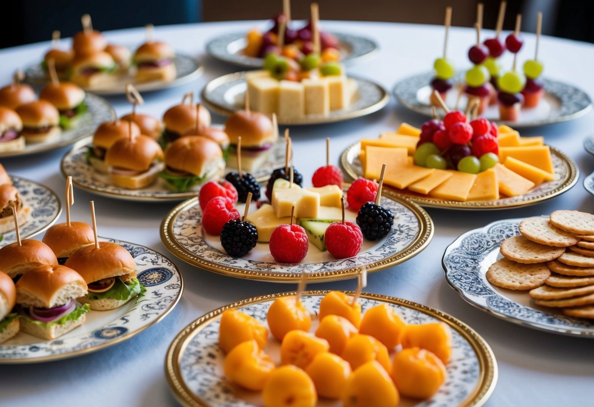 A table set with a variety of bite-sized snacks, such as mini sliders, cheese and cracker platters, and fruit skewers, arranged neatly on decorative serving trays