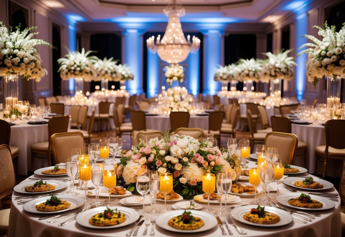 A lavish banquet hall adorned with elegant table settings and a decadent spread of gourmet dishes, surrounded by opulent floral centerpieces and twinkling candlelight