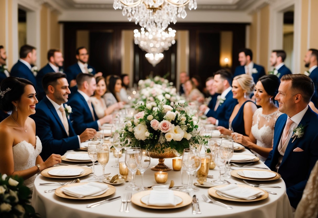 A beautifully set dining table with elegant place settings and luxurious floral centerpieces, surrounded by happy wedding guests enjoying a lavish meal