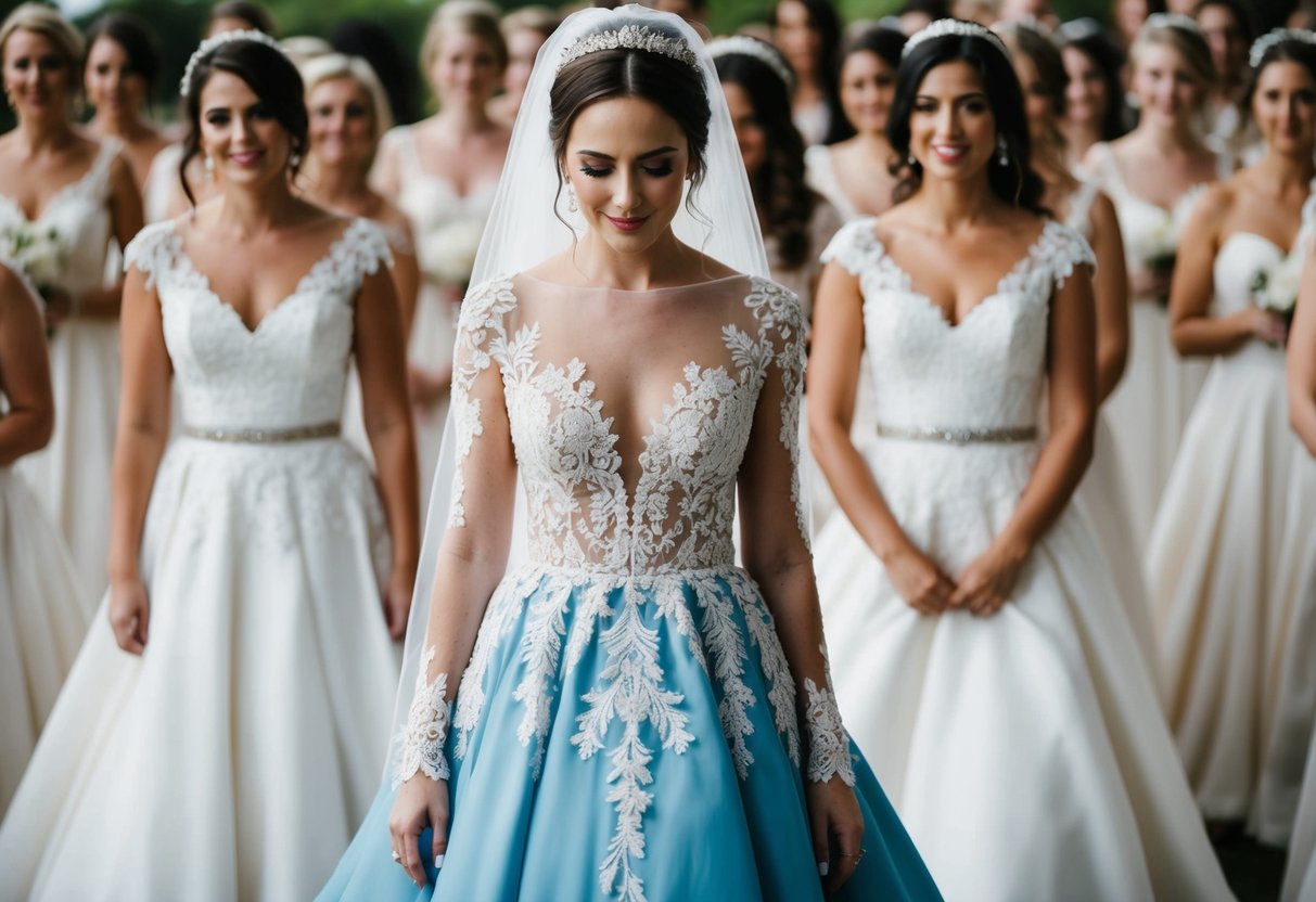A bride wearing a non-traditional colored gown with intricate lace and floral embroidery, standing out among a sea of white dresses
