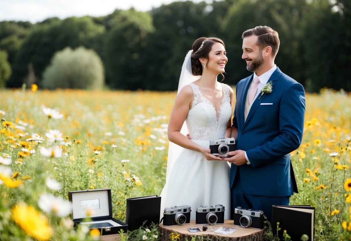A bride and groom stand in a field of wildflowers, surrounded by vintage cameras and photo albums. The couple smiles as they capture memories of their special day