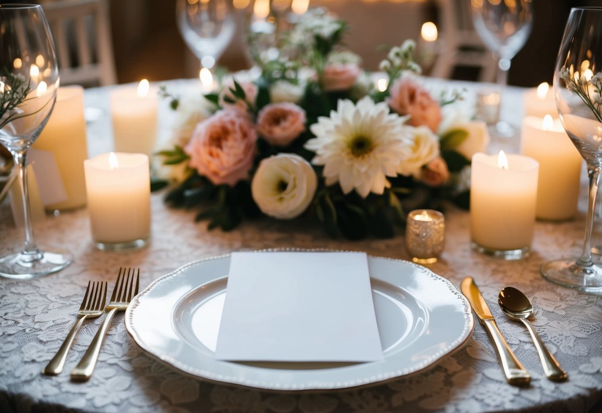 A table set with elegant place settings, surrounded by floral centerpieces and soft candlelight, with a blank wedding card resting on a delicate lace tablecloth
