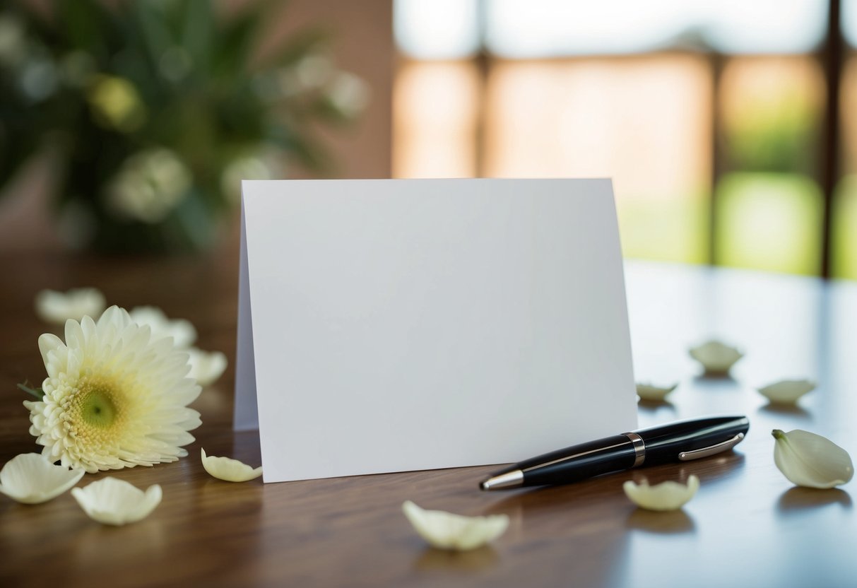 A table with a blank wedding card, a pen, and scattered flower petals