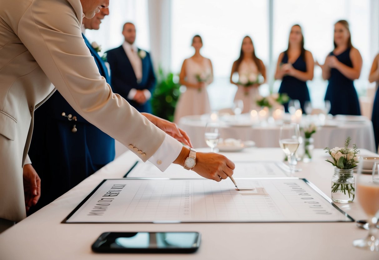 A wedding planner creating a seating chart with tables for 150 guests