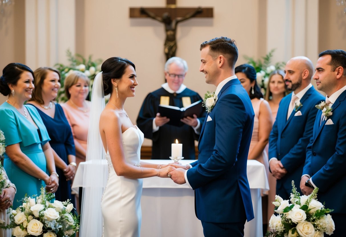 A bride and groom stand facing each other at the altar, surrounded by family and friends. The officiant leads the ceremony, exchanging vows and rings