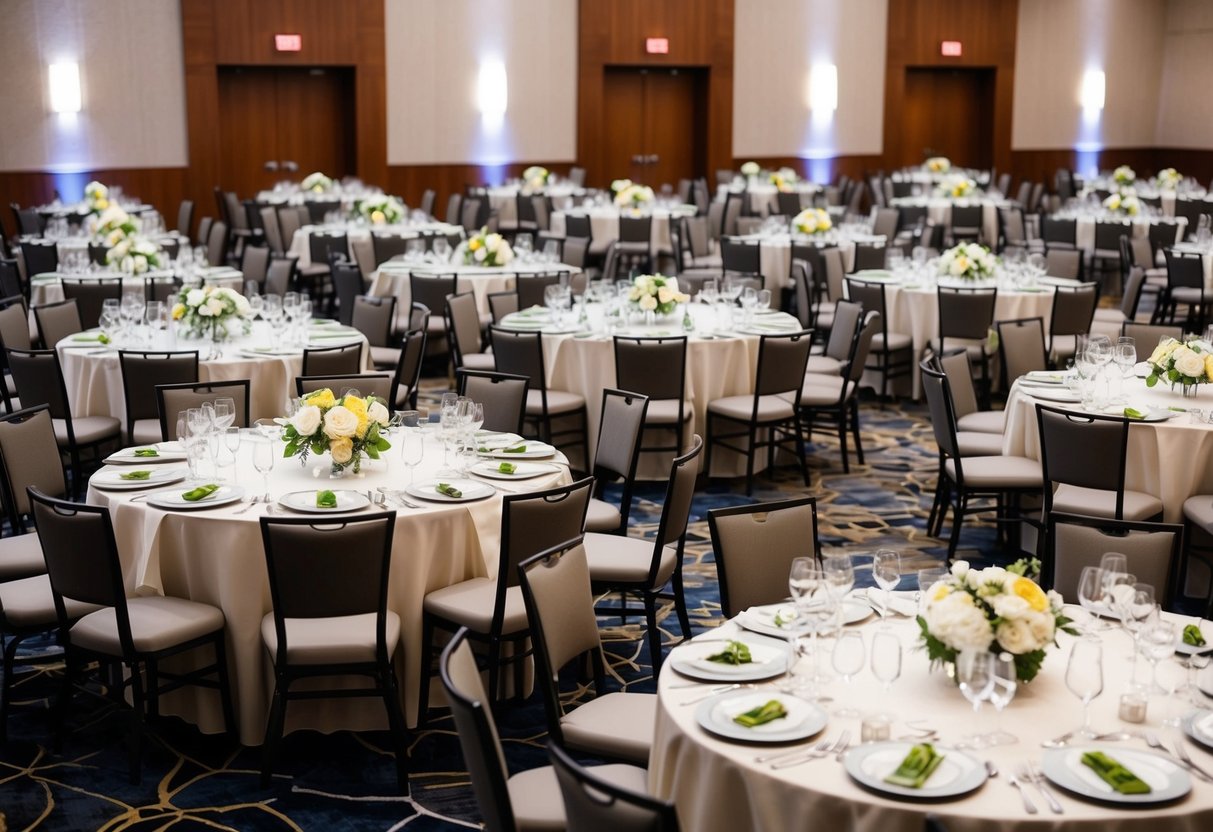 A large banquet hall with 150 empty chairs arranged in neat rows, adorned with elegant table settings and floral centerpieces