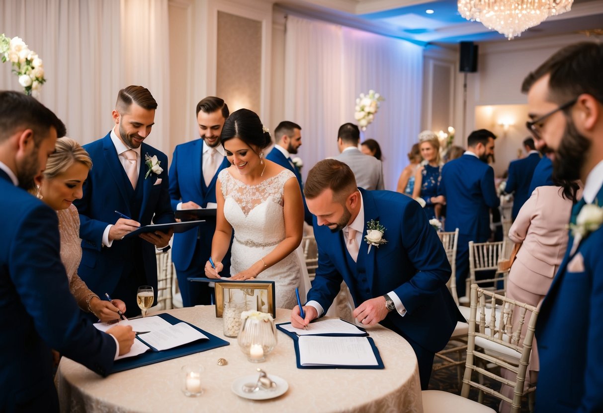 Guests mingle in a decorated venue, signing a guestbook and finding their seats. The wedding party prepares behind the scenes, while music plays softly in the background