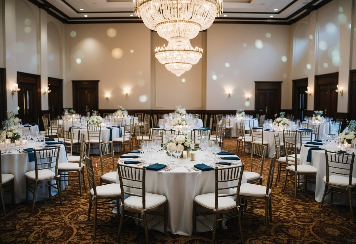 A table with 150 place settings, surrounded by elegant chairs, with a grand chandelier hanging overhead